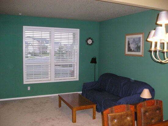 Living room before with teal walls and blue couch