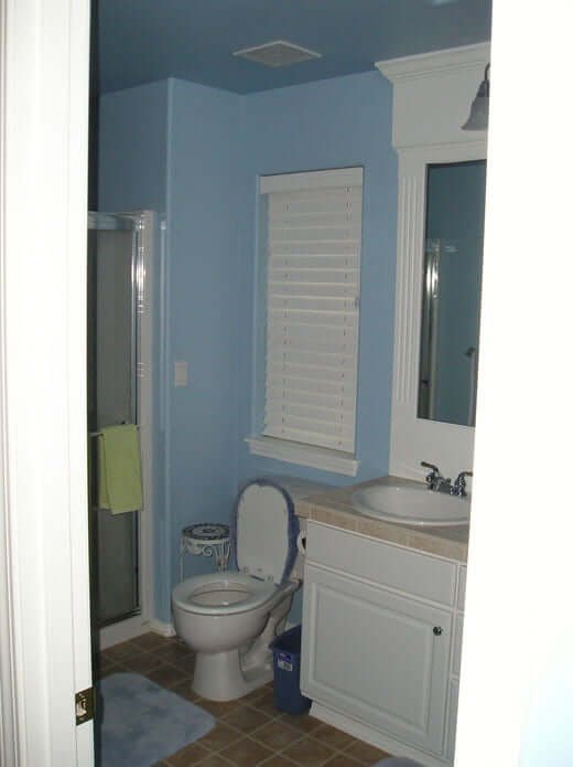 Master bath before with light blue walls and ceiling