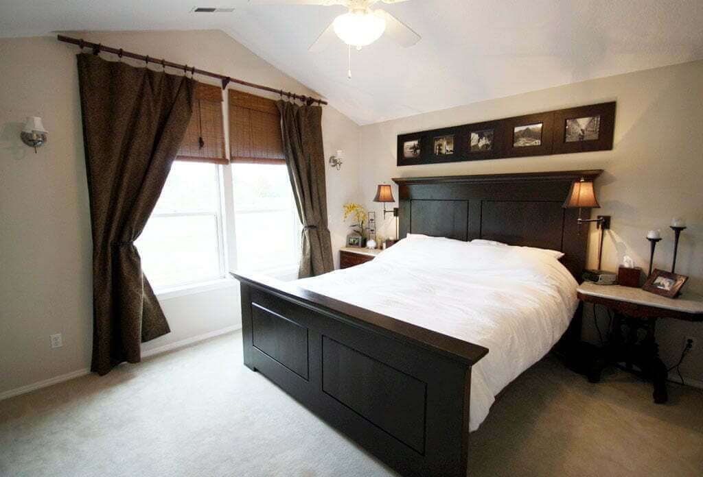 Master Bedroom after with custom cal king bed and antique nightstands