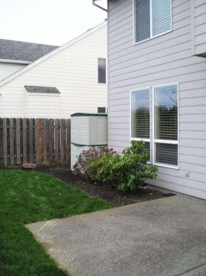 Back of house showing concrete pad and bushes