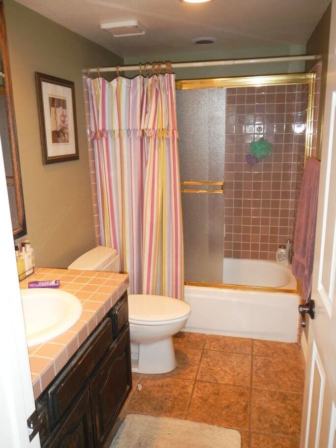 A "before" shot of a small hall bathroom with pink shower tile and a low ceiling