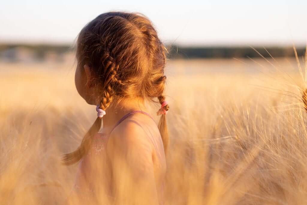 little girl with braided hair in field