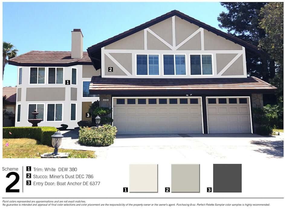 house exterior paint color mockup with three paint colors, dark trim