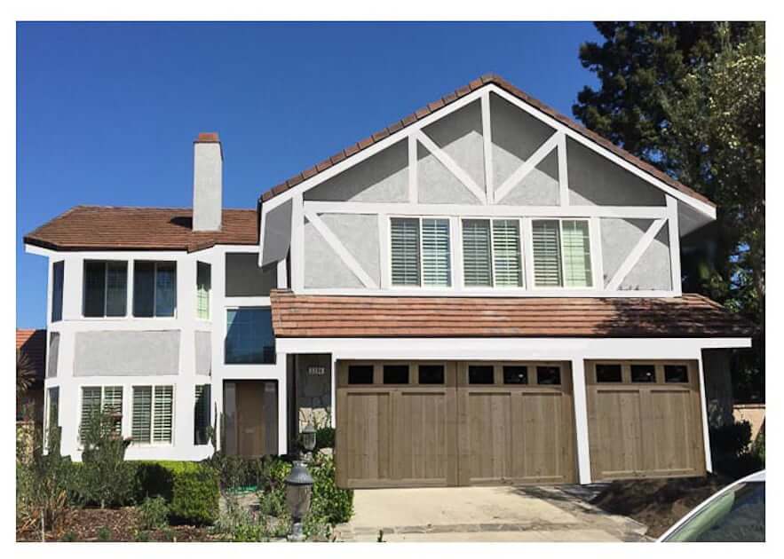 house exterior paint color mockup with wood garage door