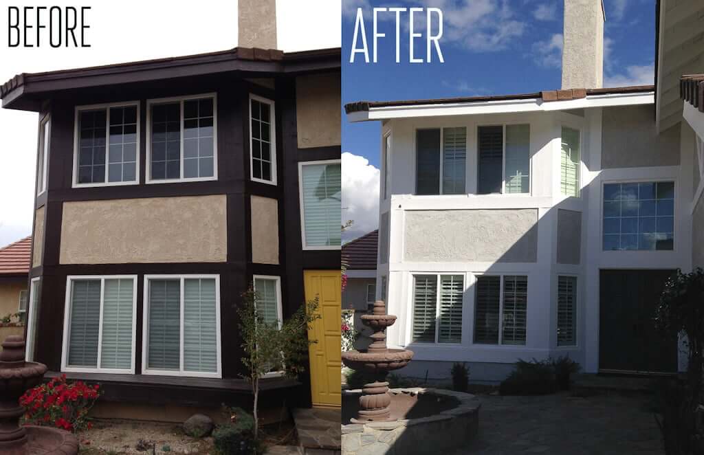 before after photo of house with brown trim to whit trim and cream stucco to grey stucco