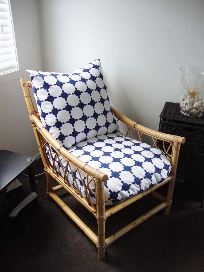 bamboo chair with blue/white print fabric