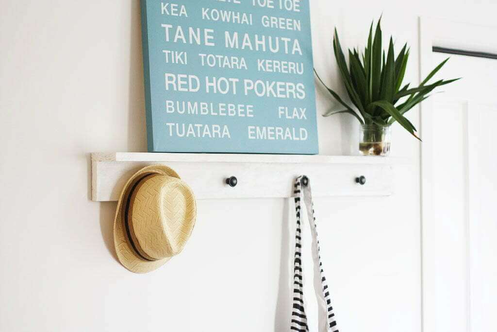 Wall shelf with canvas print plant hat and bag