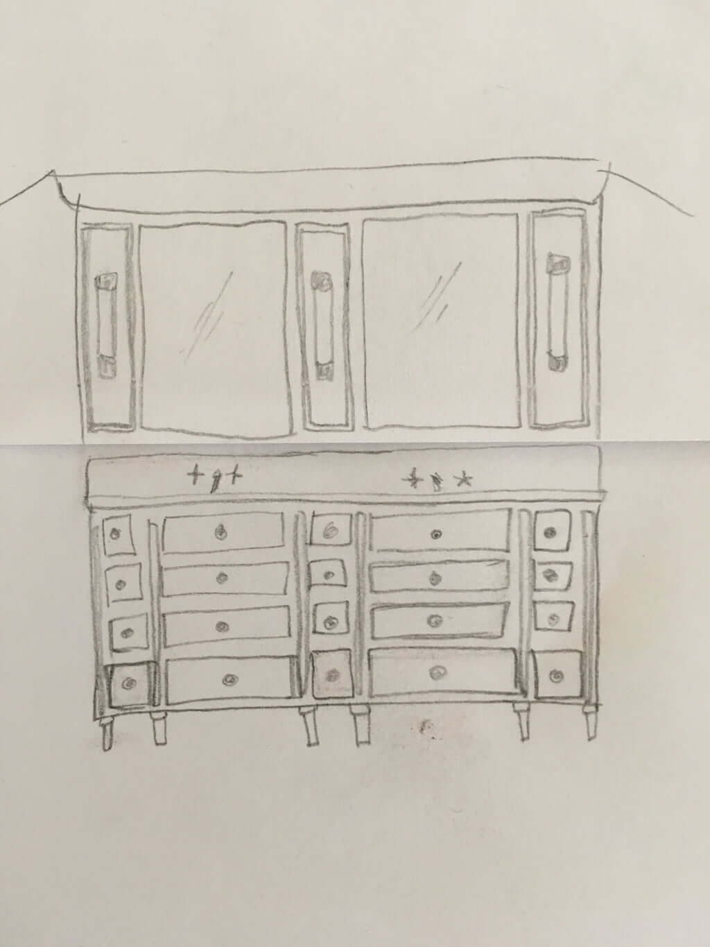 sketch of master bathroom double vanity with built-in mirrors