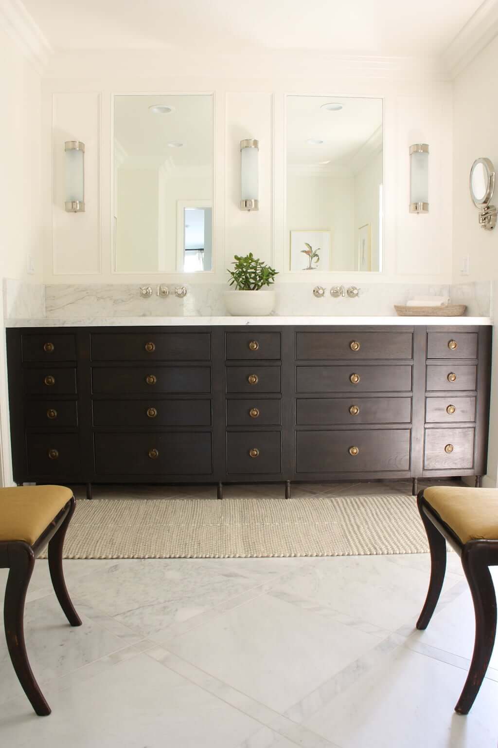 double sink bathroom vanity drawers, wood with marble counter, antique chairs