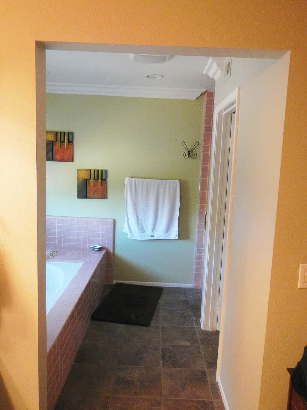 bathroom remodel before, brown and pink tile