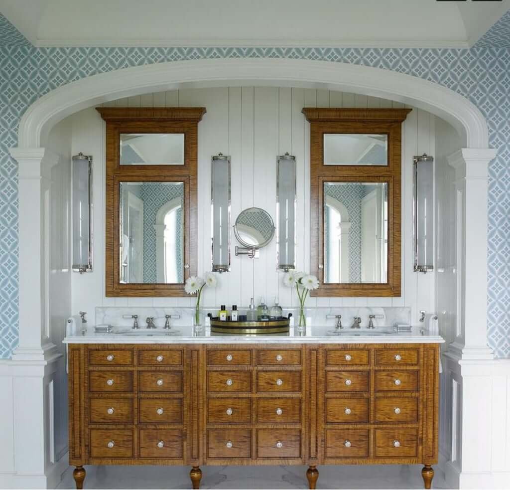 wood bathroom vanity with drawers and mirrors