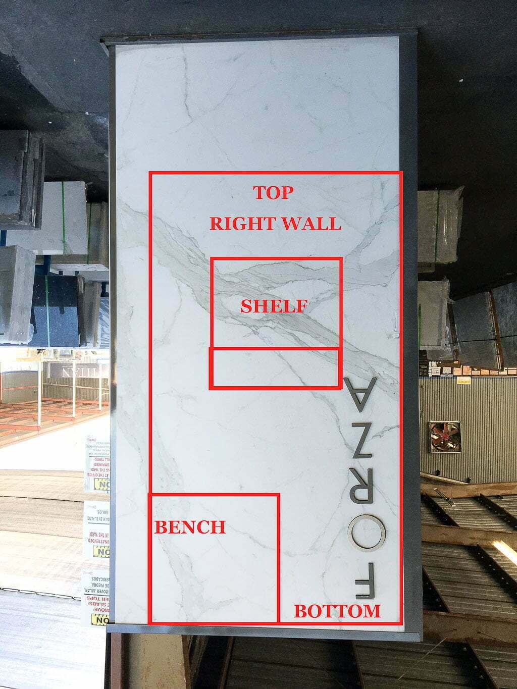 solid surface porcelain slab with red markings for cuts