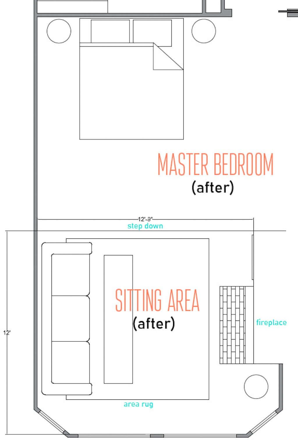 master bedroom with sitting area layout and dimensions