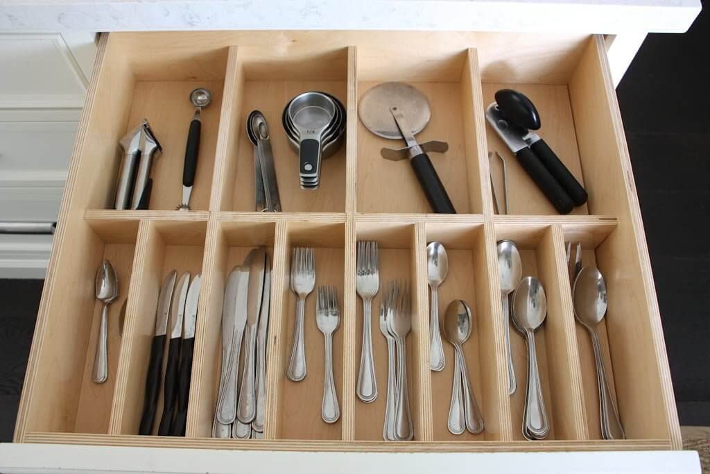 organized kitchen drawer with utensils inside, DIY wood dividers