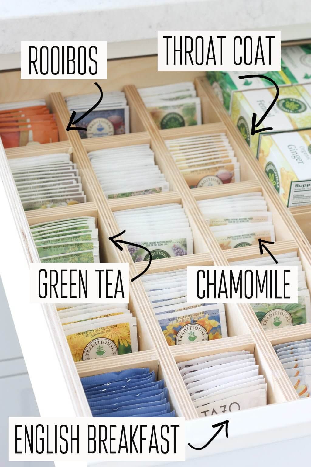 tea drawer organization drawer with dividers labeled