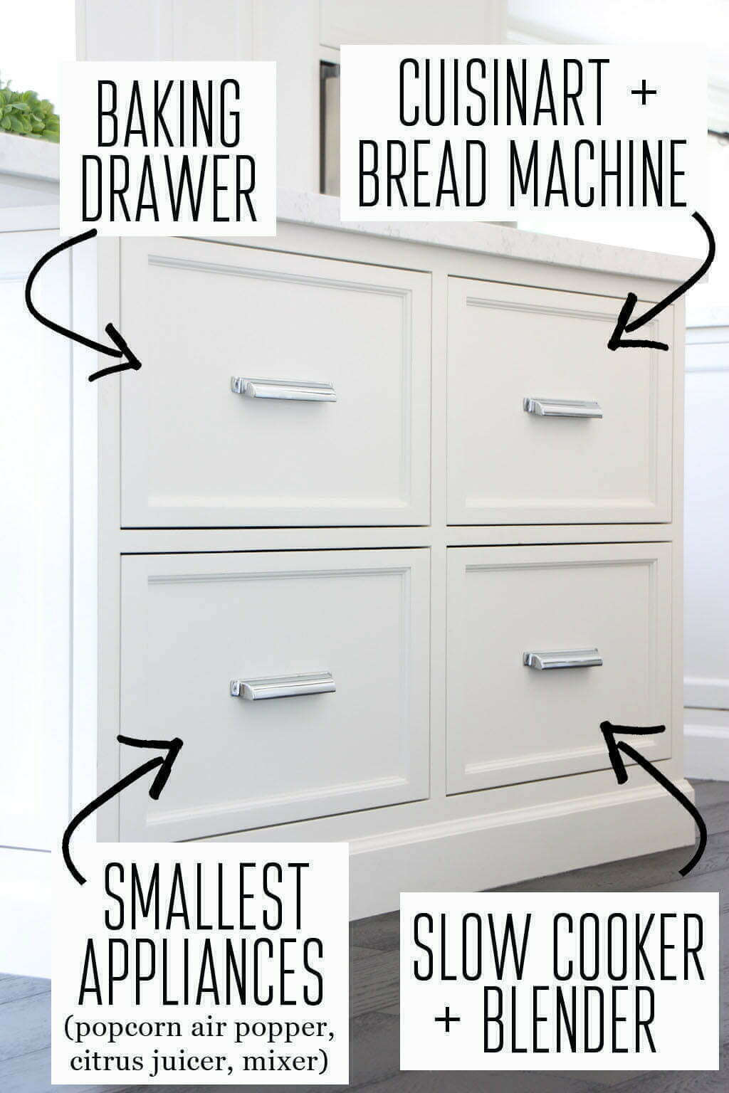 four white kitchen appliance storage drawers labeled with appliances stored inside