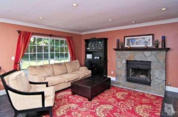 living room with salmon colored walls and stone fireplace
