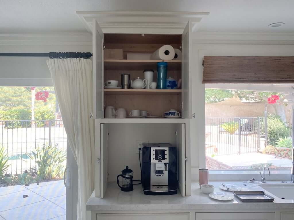 coffee station before photo with messy shelves