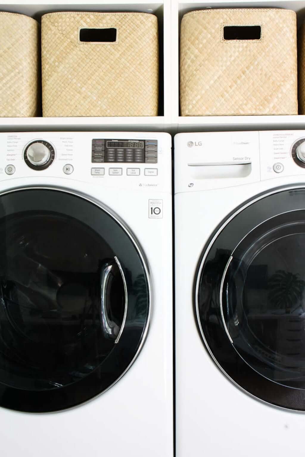 laundry room makeover before and after with baskets above washer and dryer