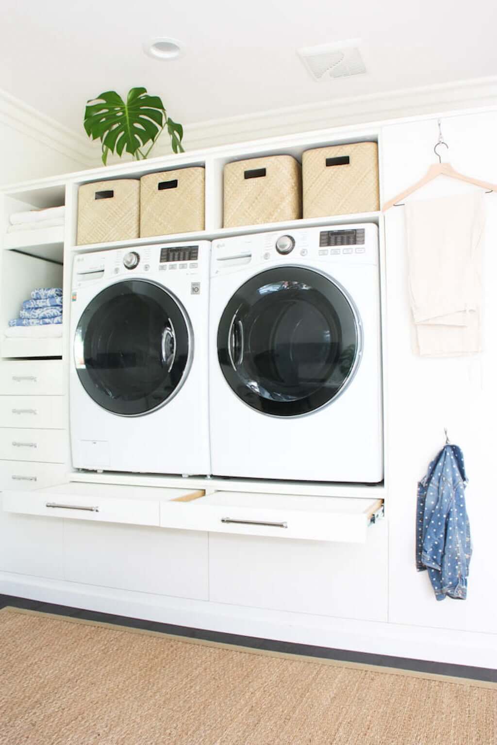 laundry room shelving under washing machine, above washer/dryer, and to side