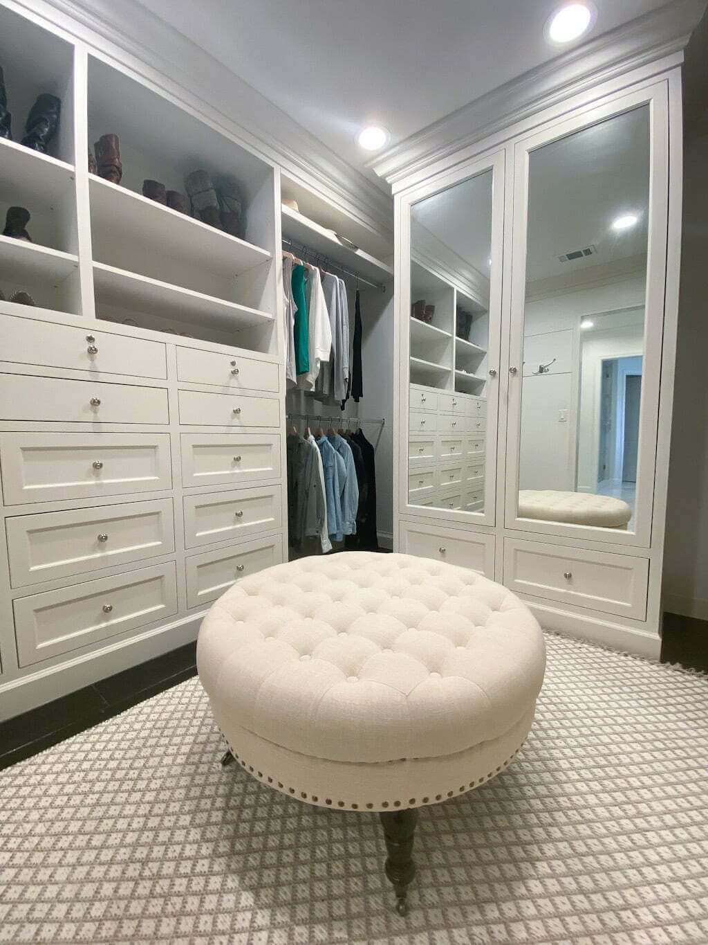 small master closet ideas with mirrored cabinets and ottoman