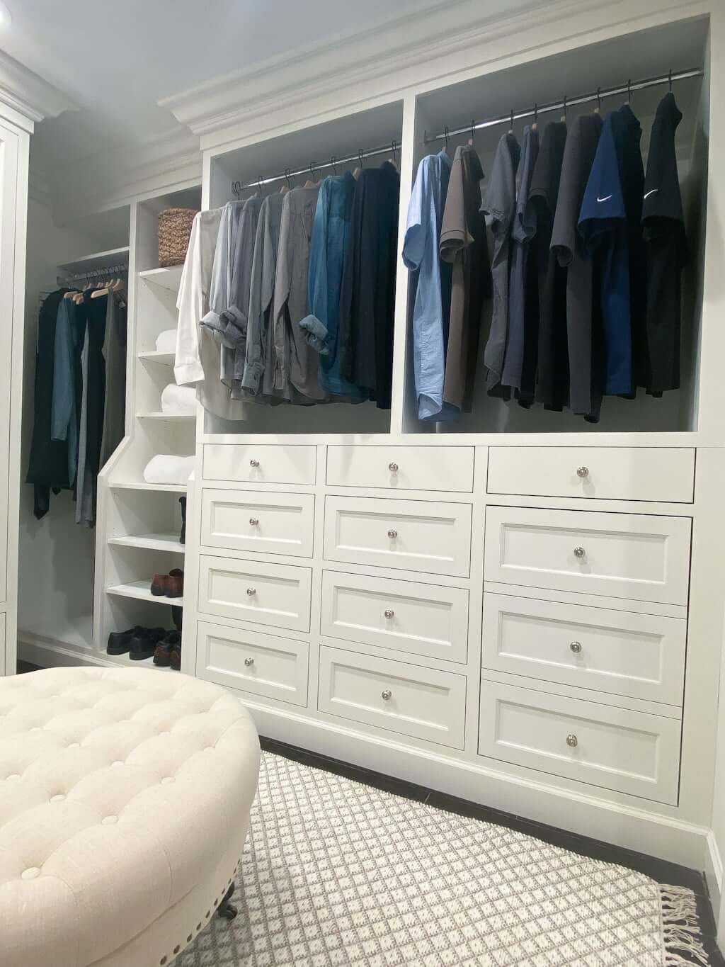 master closet ideas with white drawer and hanging rods