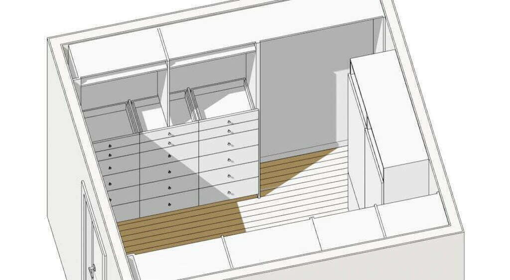 small walk in closet layout in 3D, "Her" side