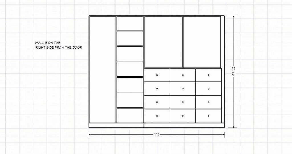 walk in closet layout design with drawers, shoe shelves, and hanging space