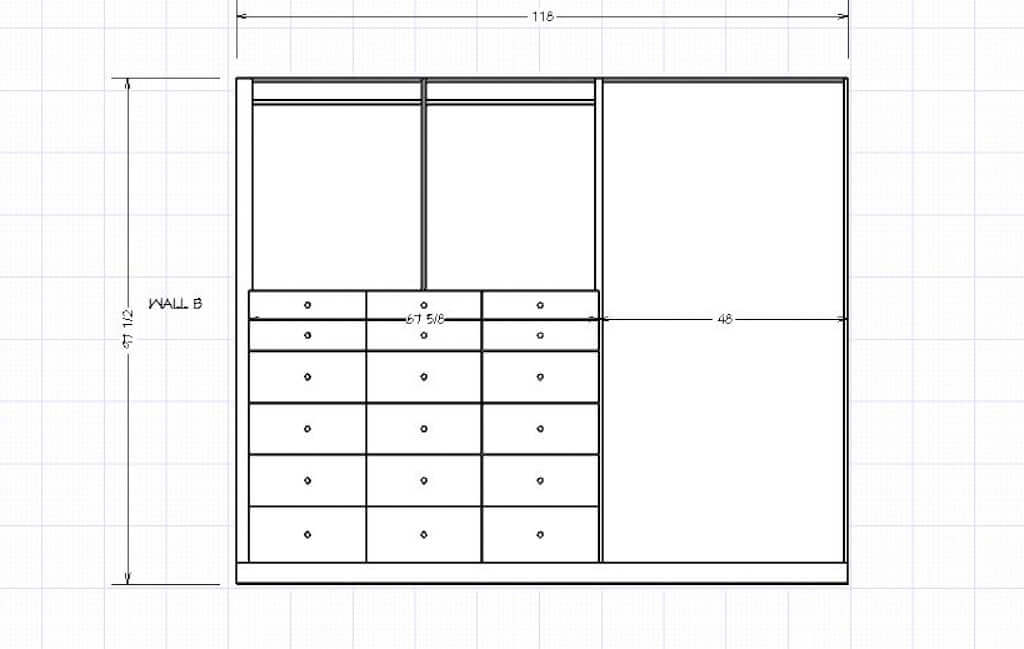 walk in closet layout plans with drawers, shelves and hanging rods