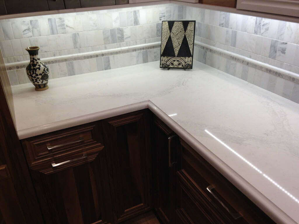 quartz counters in showroom with veining