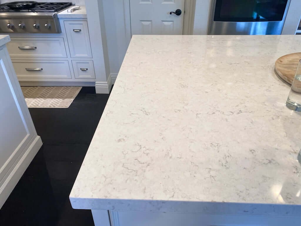 kitchen with LG Viatera Cirrus quartz countertops closeup