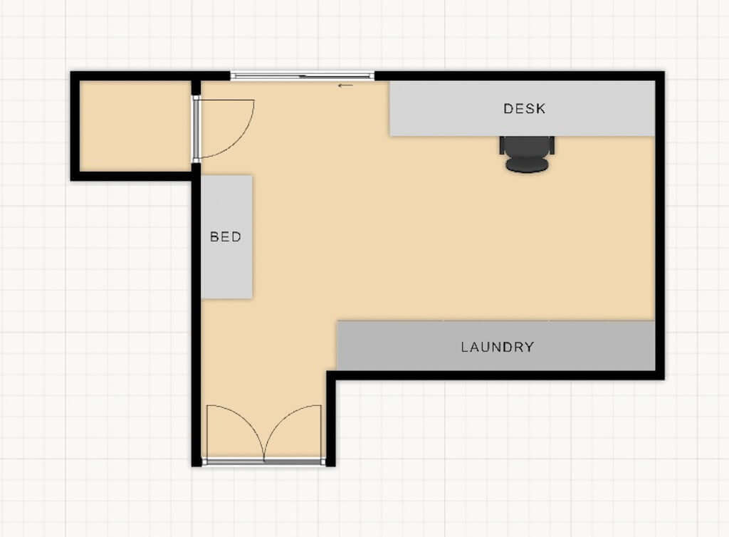 floor plan showing how room is laid out to fit laundry, office, and cabinet bed