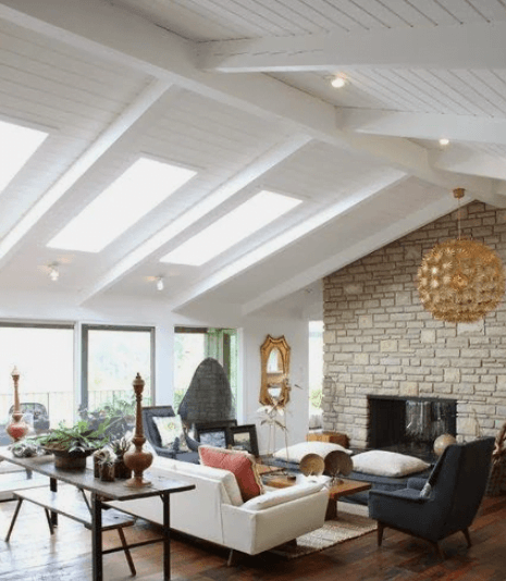 white wood ceiling planks with skylights