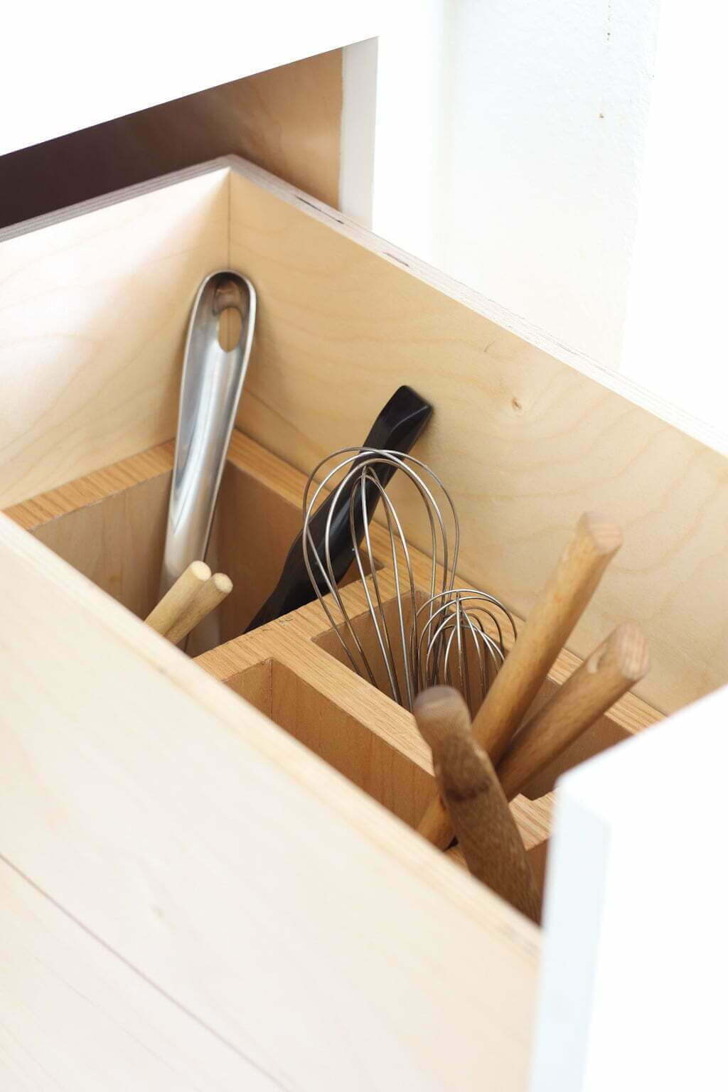 DIY Drawer dividers with kitchen tools and utensils, spoons, spatulas, and whisks