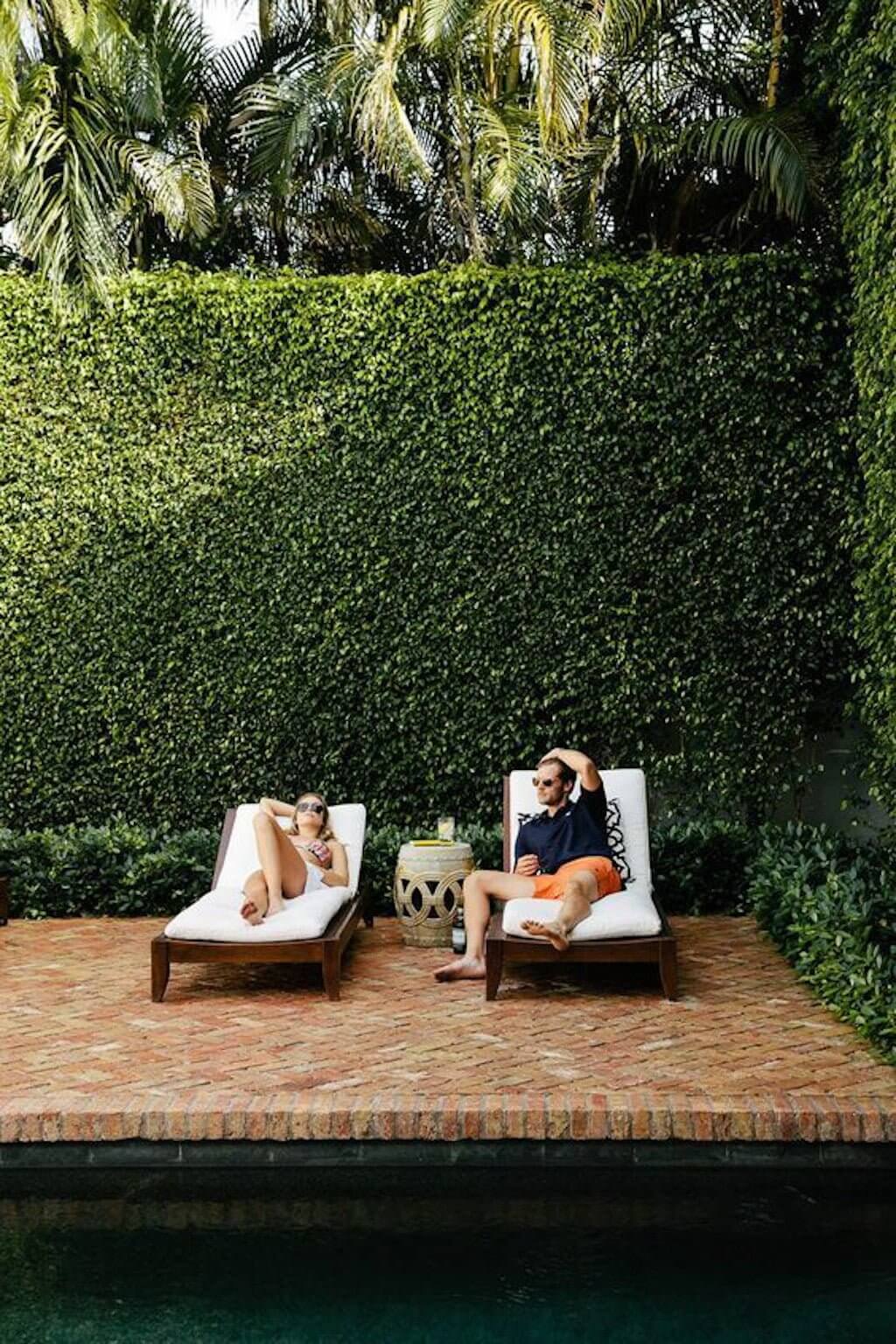 large ficus hedge alongside pool with two people on lounge chairs and brick patio