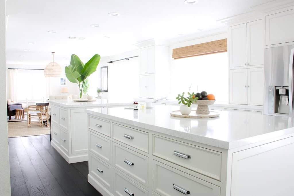 Kitchen inspiration with low maintenance white quartz countertops 