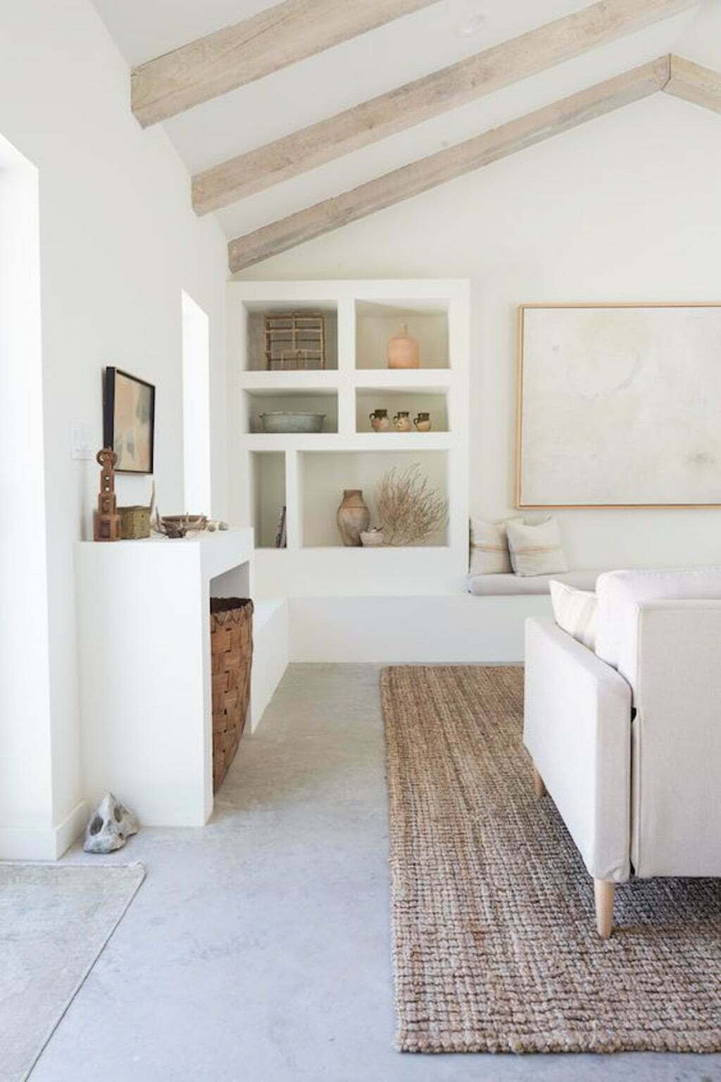 white and wood warm modern living room