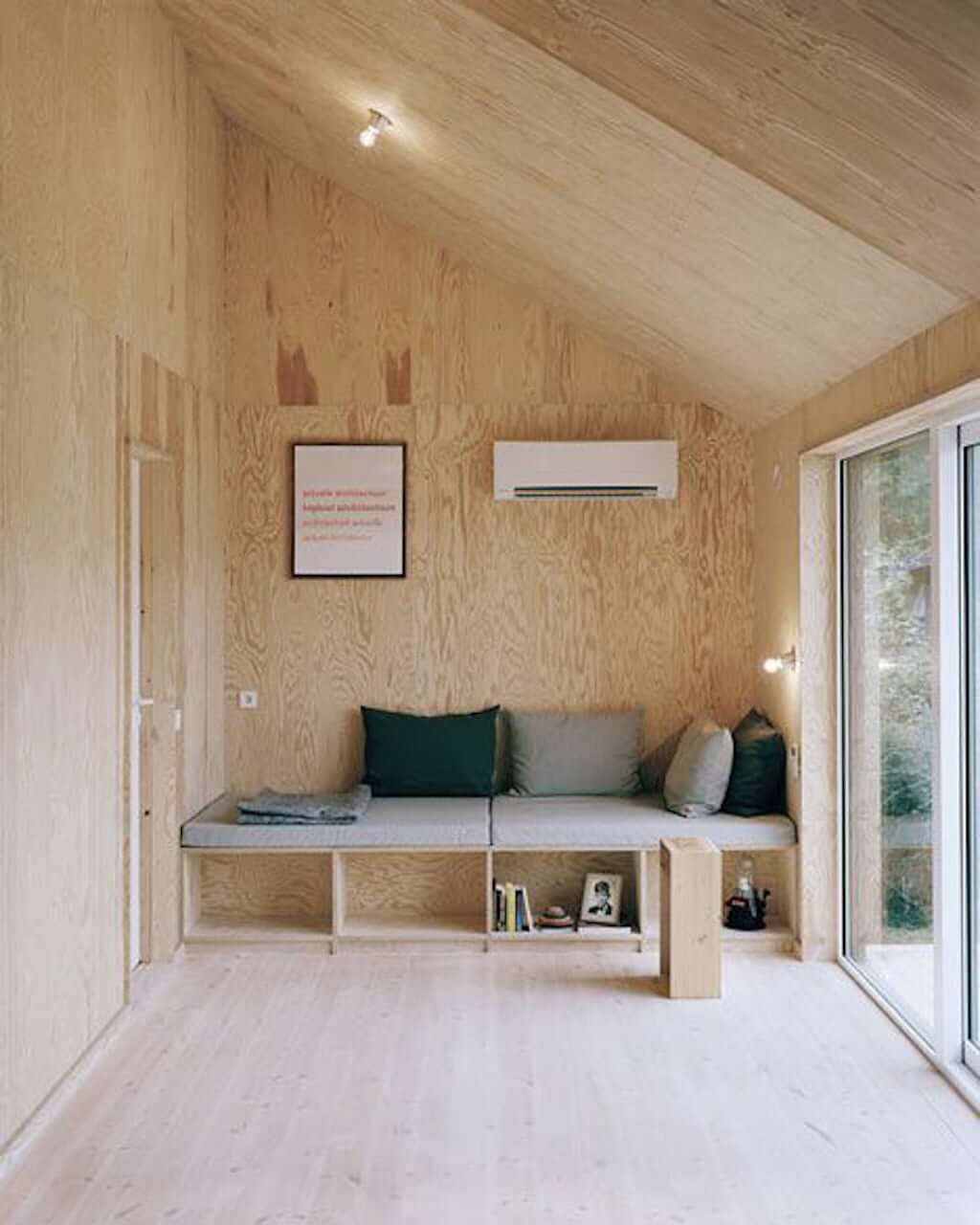 modern interior with wood walls and ceilings