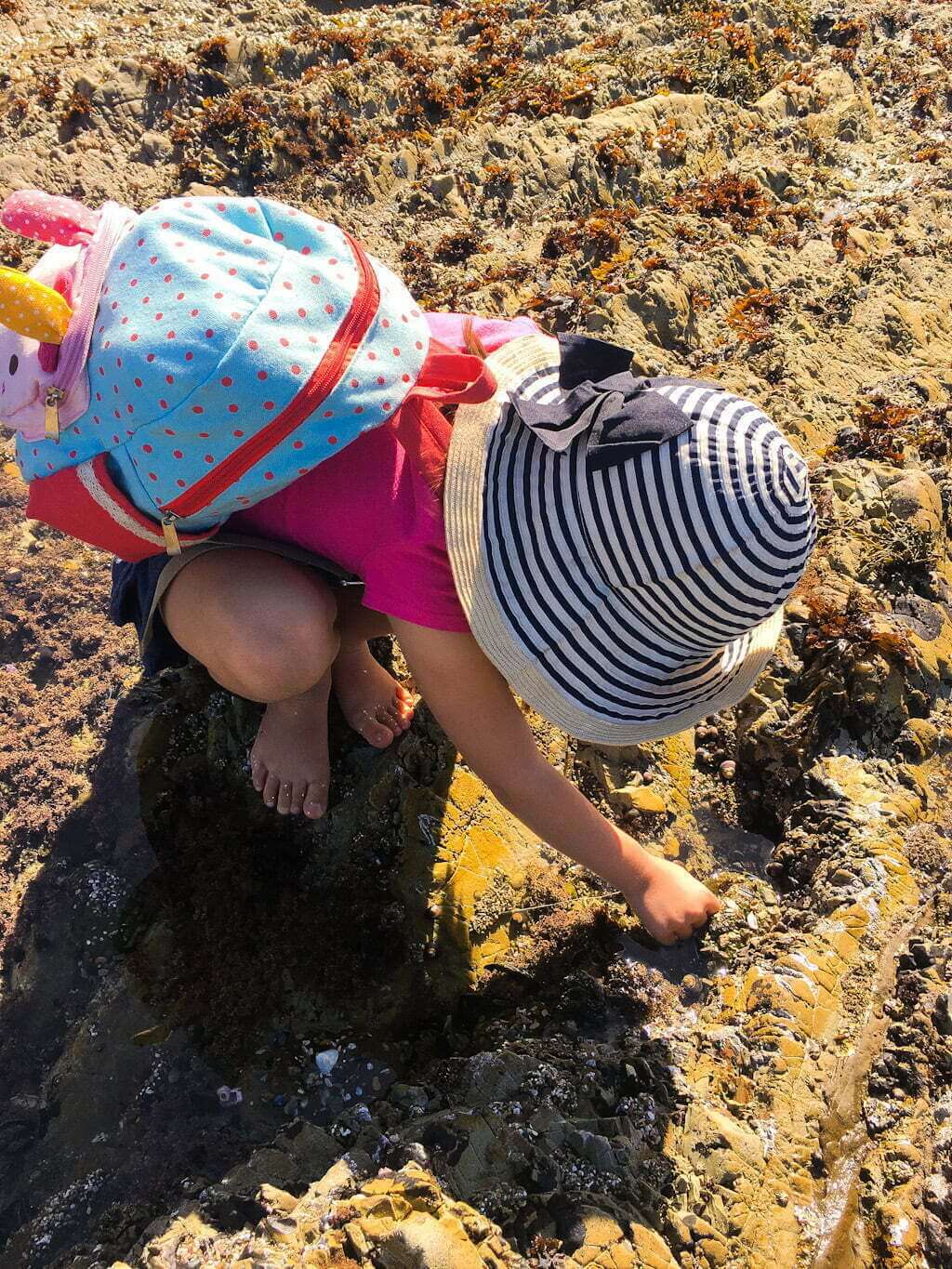 child bending over in tidepools