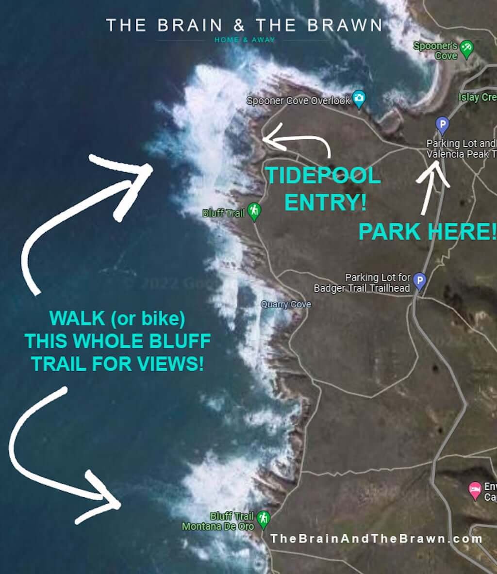 map showing entrance to Montaña de Oro tide pools and parking