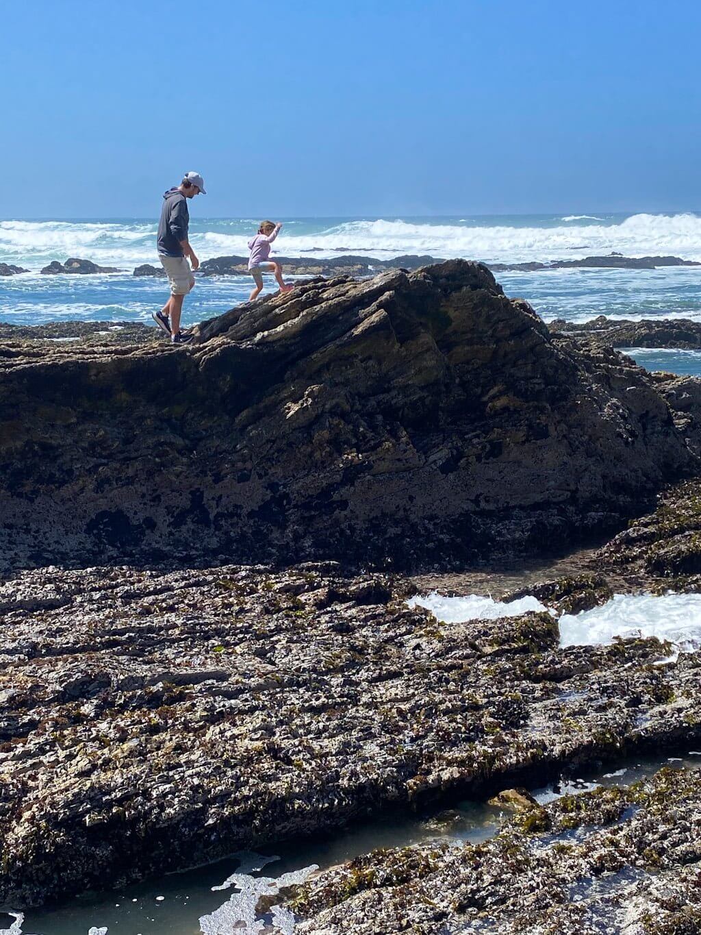 man and small child climbing rocks above tidepools