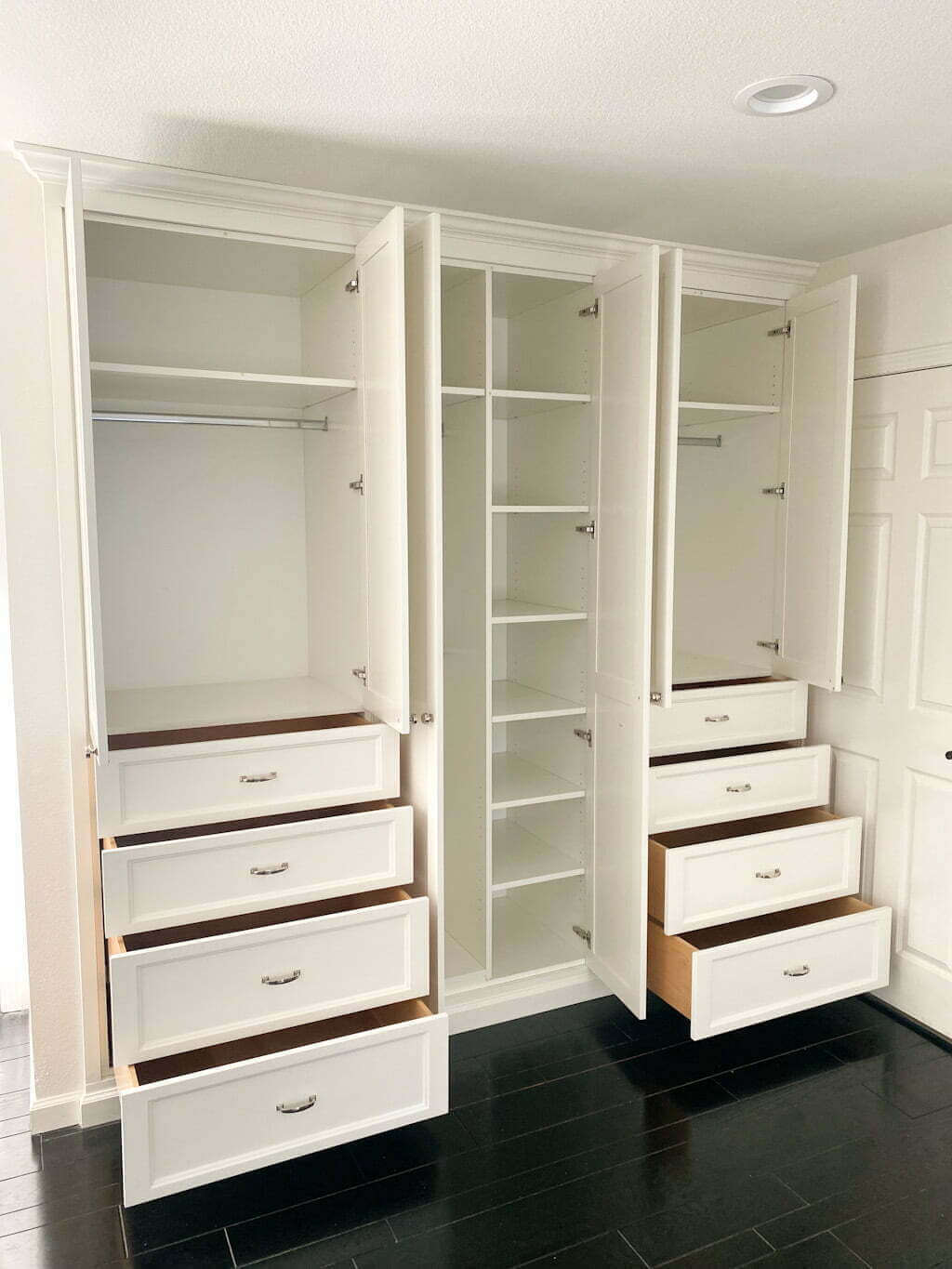 bedroom closet built ins, converted from standard closet, white wood