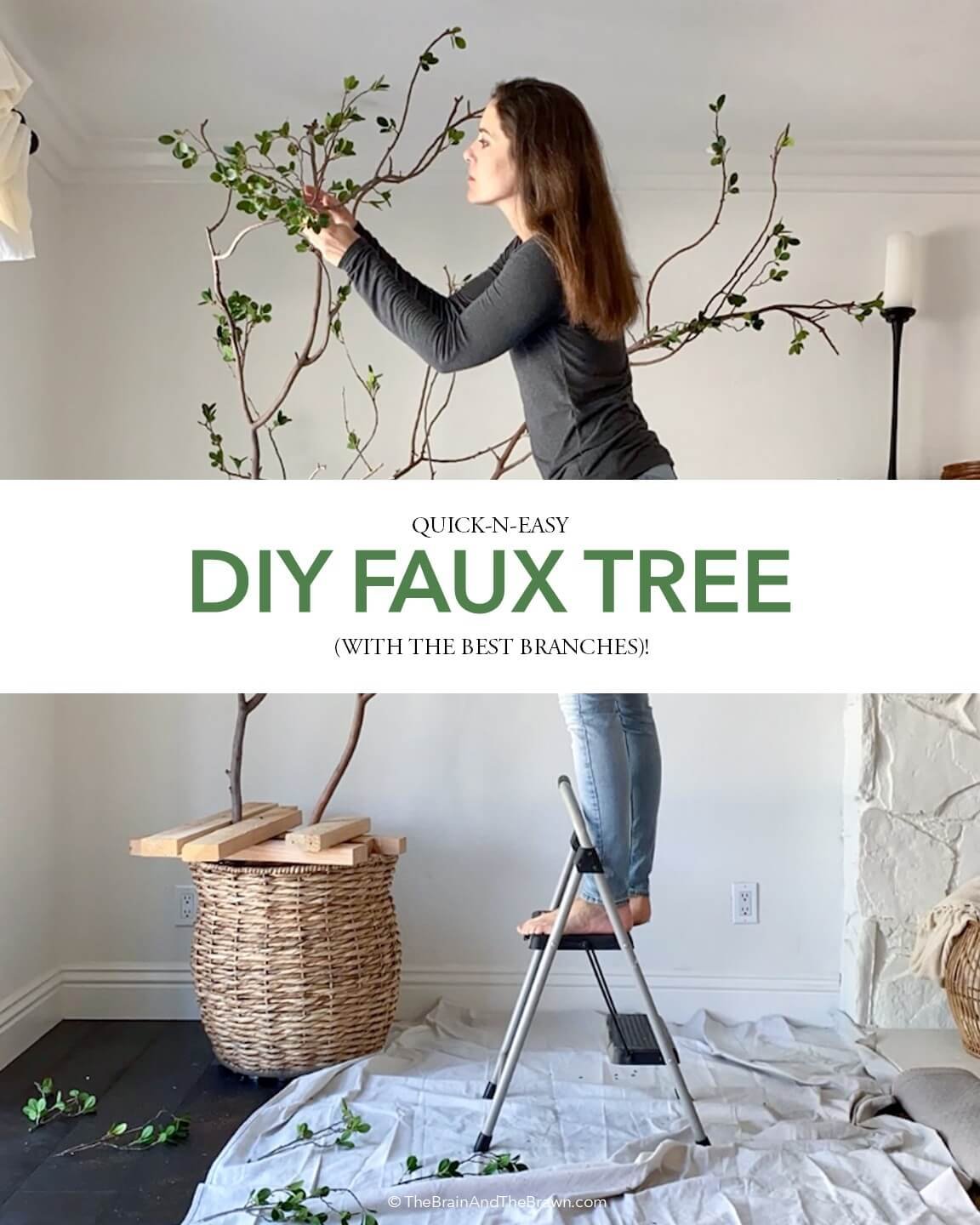 a woman shows how to make a faux tree DIY with branches for indoor, standing on a stool attaching for a large 9ft tree also in 5ft and 6ft