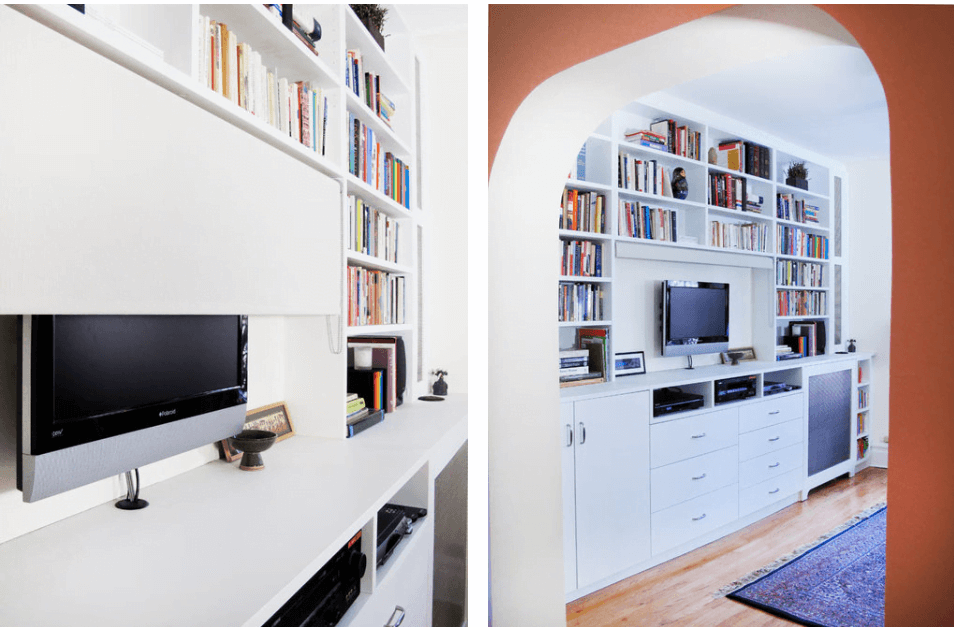 modern tv bookshelf with screen to hide