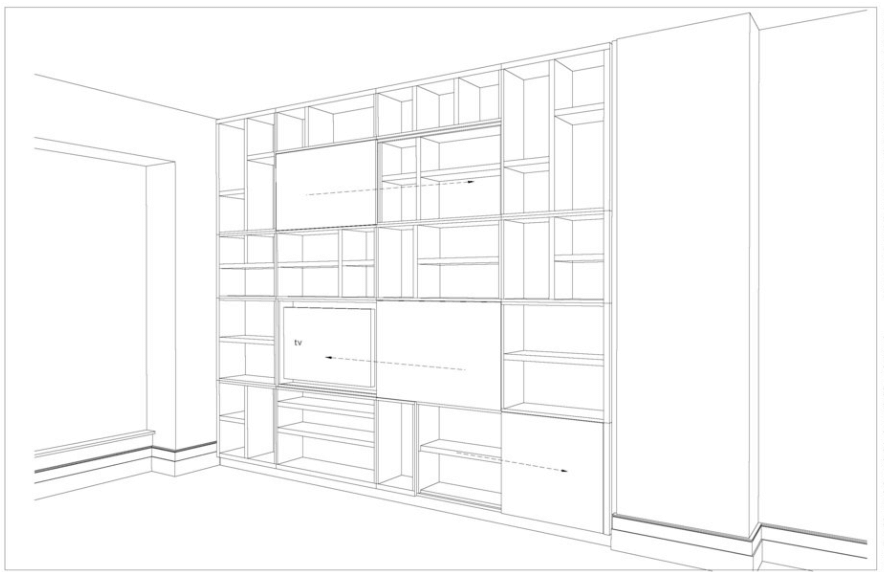 black and white drawing of a wall bookshelf with sliding panels to hide a tv and other shelves