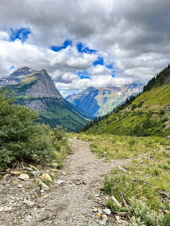 hiking trail in Glacier National Park with mountains in distance