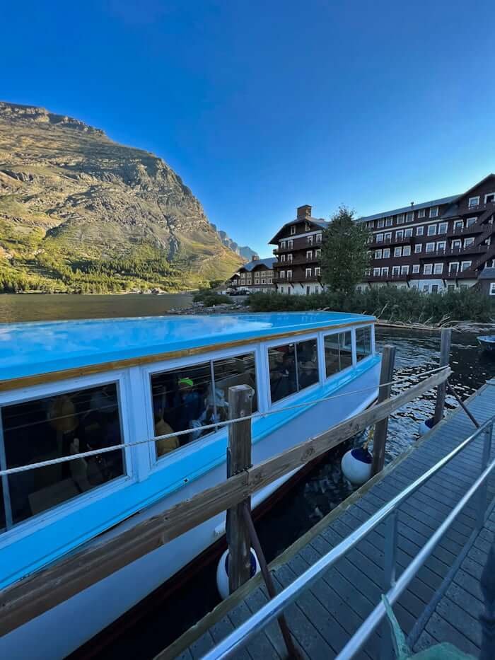 boat next to Many Glacier Hotel