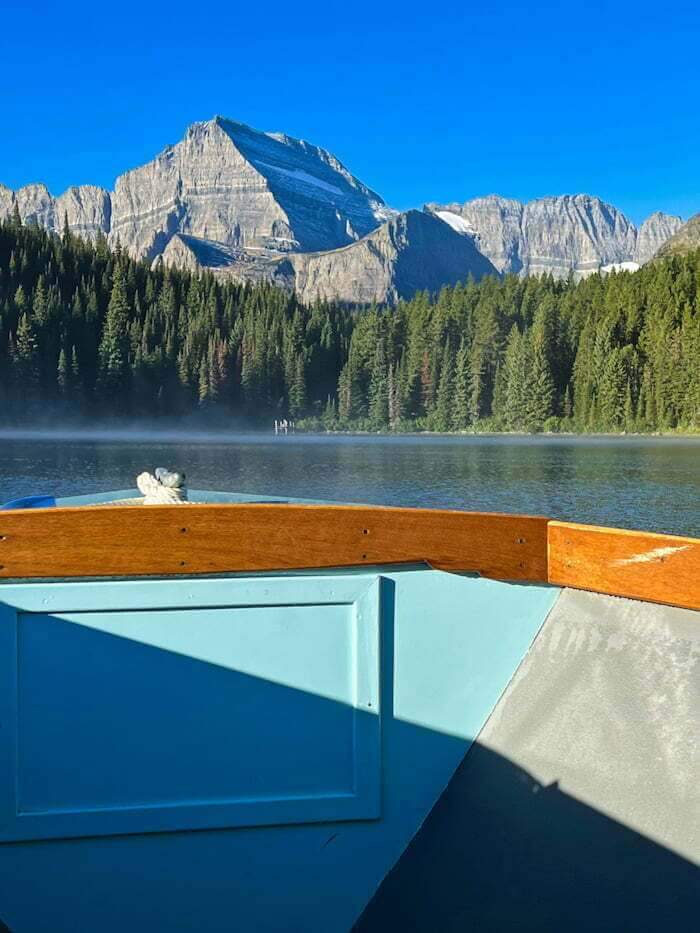 view from boat to mountains on Many Glacier boat