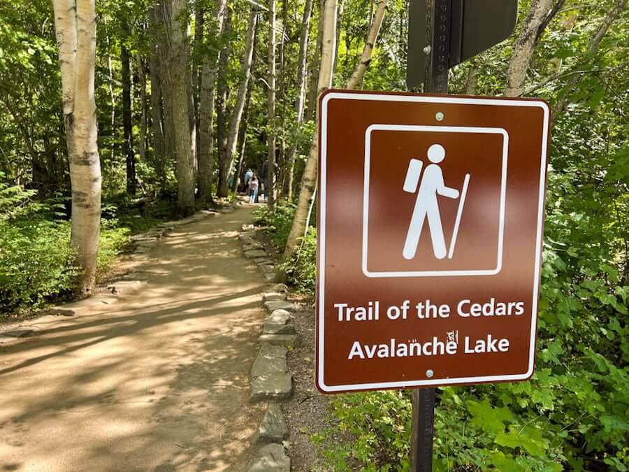 sign at trailhead of the Trail of the Cedars in Glacier National Park