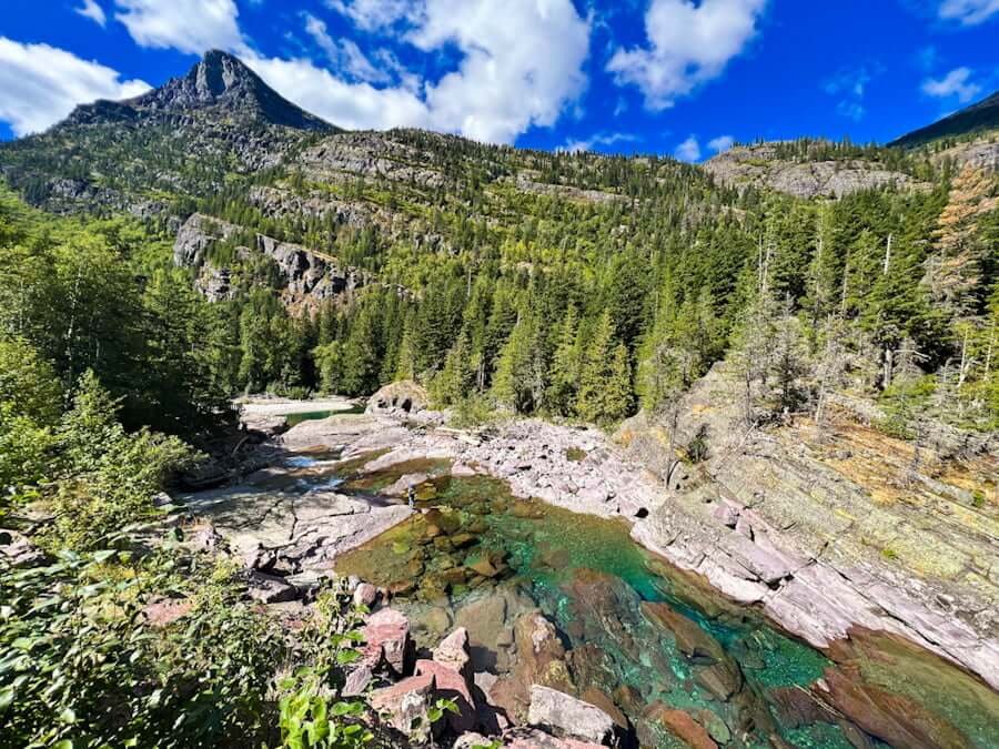 Red Rock Creek with trees and mountains in Glacier National Park